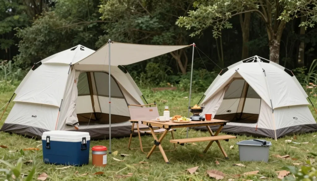 Camping gear and picnic setup at state park campsite Camping gear and picnic setup at state park campsite