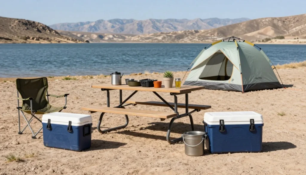 Camping gear and supplies organized at South Fork campsite