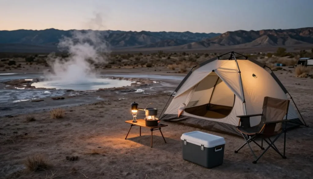 Camping setup near hot springs with cooking equipment Camping setup near hot springs with cooking equipment