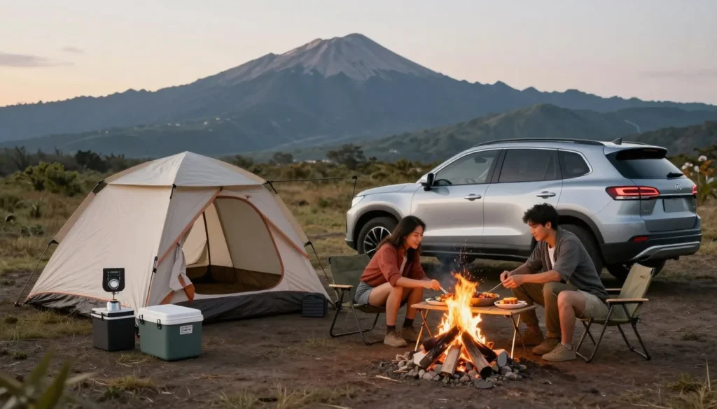 Camping setup with cooking equipment in volcanic field Camping setup with cooking equipment in volcanic field