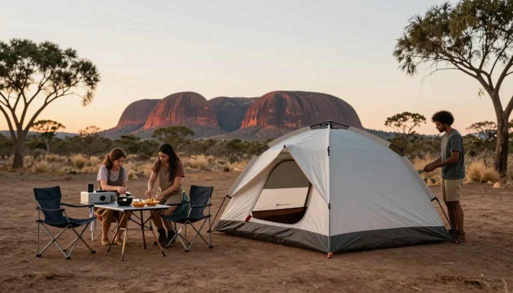 Camping setup with tent near Bungle Bungle formations at sunset Camping setup with tent near Bungle Bungle formations at sunset