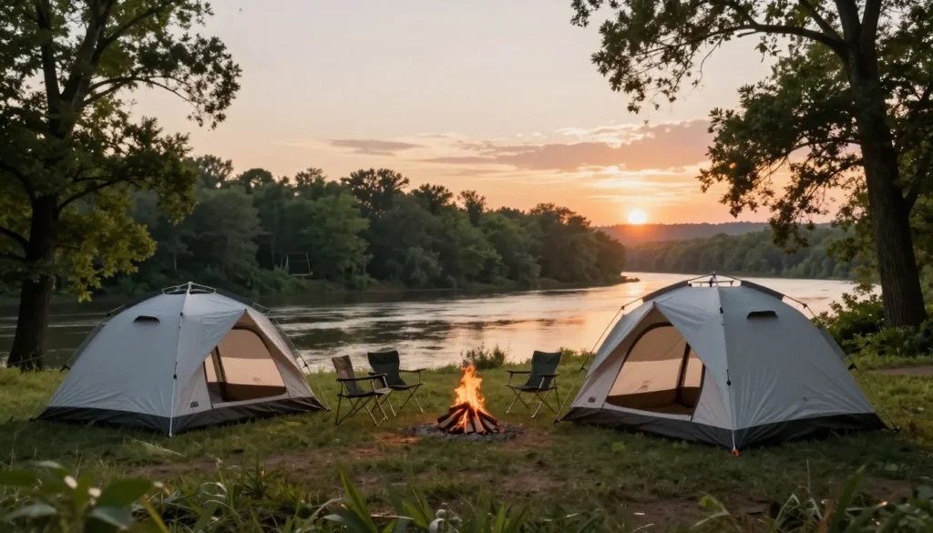 Camping site along Tennessee River with tents and natural surroundings Camping site along Tennessee River with tents and natural surroundings