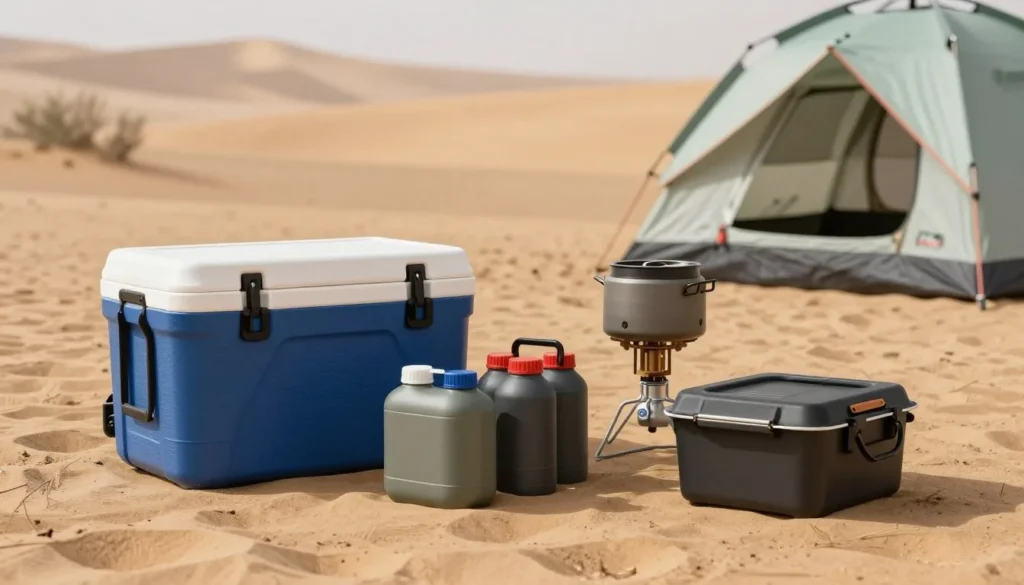 Camping supplies and gear organized at desert campsite