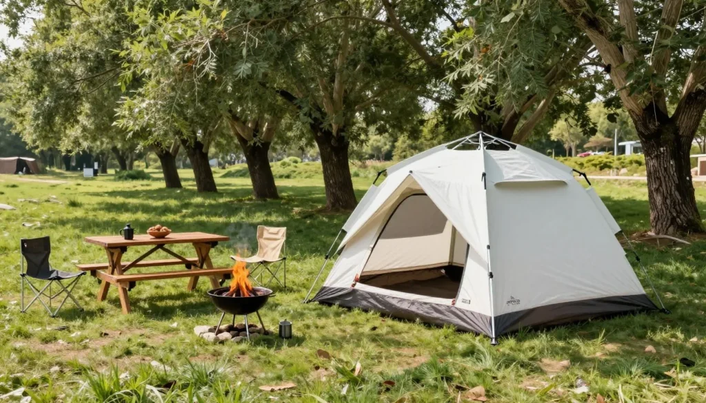 Camping tent setup at St Vrain State Park with picnic table and campfire ring among cottonwood trees Camping tent setup at St Vrain State Park with picnic table and campfire ring among cottonwood trees