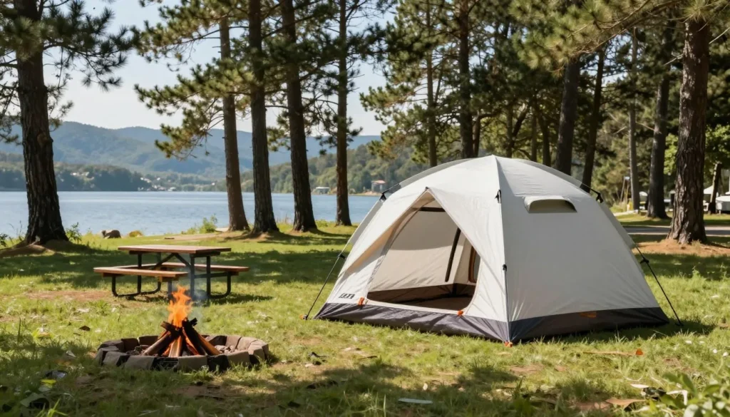 Camping tent setup at Steamboat Lake State Park campground with lake views Camping tent setup at Steamboat Lake State Park campground with lake views