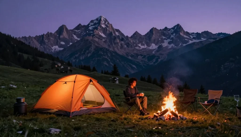 Camping tent setup in Colorado mountain meadow with campfire, camping gear, and mountain peaks at twilight Camping tent setup in Colorado mountain meadow with campfire, camping gear, and mountain peaks at twilight