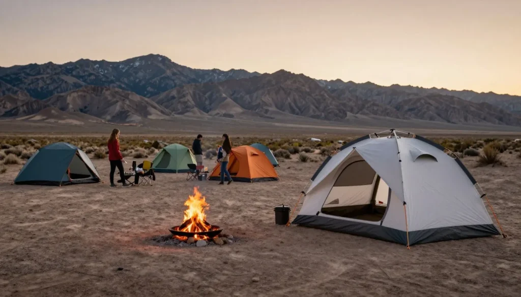 Camping tent setup in Nevada wilderness near Schettler Range mountains