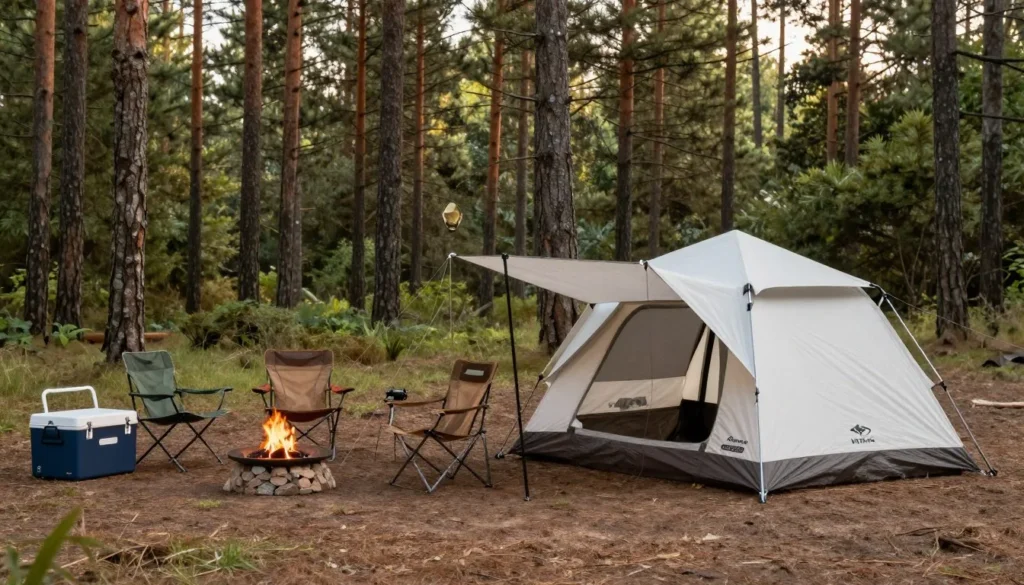 Camping tent setup in forest campground