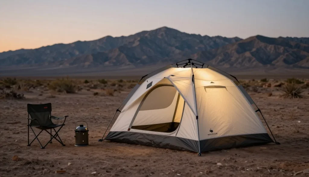 Camping tent setup near Spencer Hot Springs with mountain backdrop at dusk