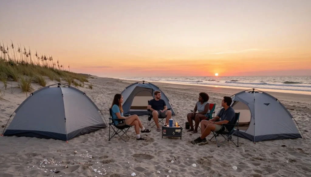 Camping tents on pristine beach at Cape Lookout with ocean sunset Camping tents on pristine beach at Cape Lookout with ocean sunset
