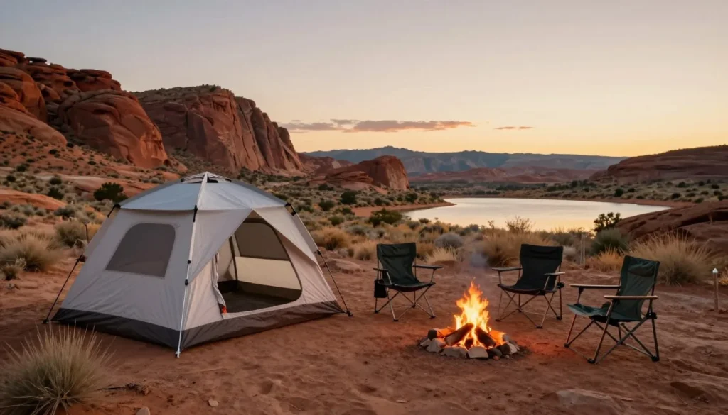 Campsite at Millsite State Park with tent and camping equipment at sunset