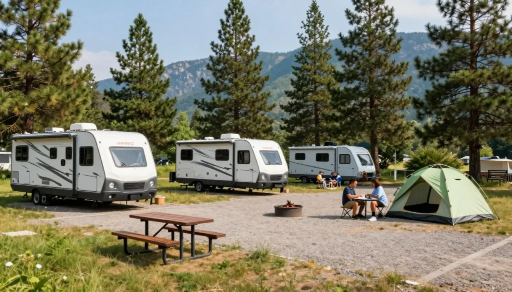 Campsite at Palisade State Park with RV and tent near pine trees