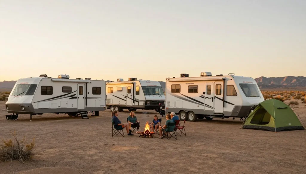 Campsite at Rye Patch with diverse campers at sunset