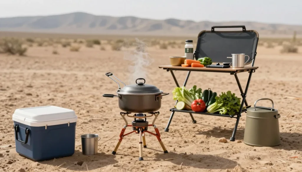 Campsite cooking with simple camp stove and fresh ingredients