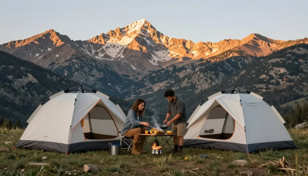Campsite with tent in mountain setting at sunset