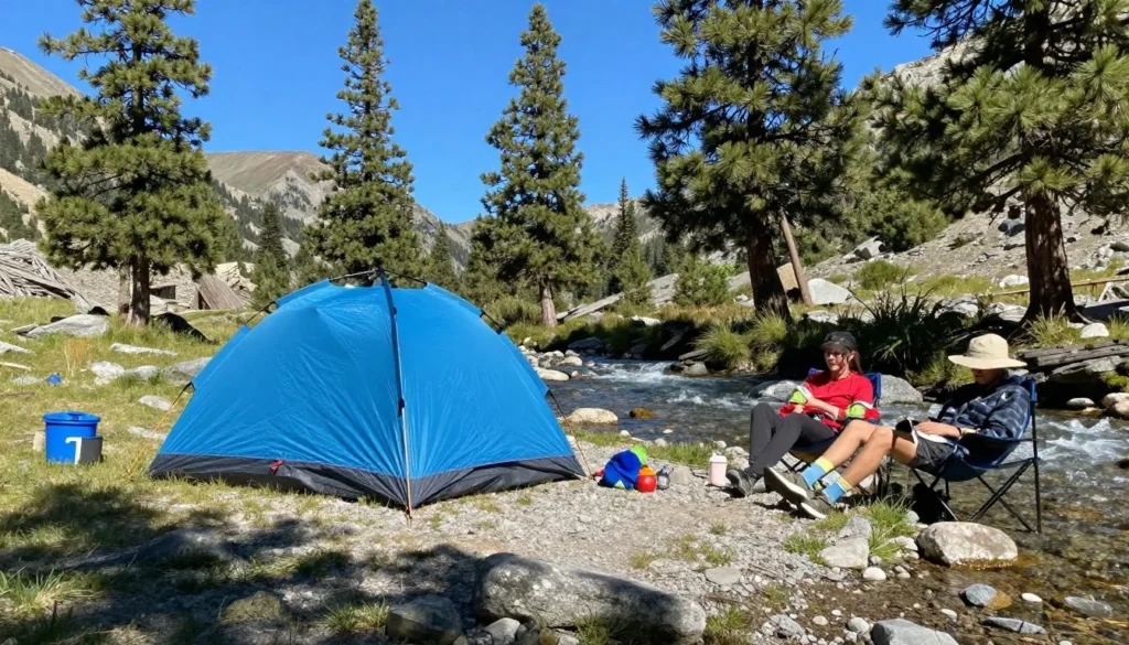 Campsite with tent near a mountain stream in Raft River Mountains Utah Campsite with tent near a mountain stream in Raft River Mountains Utah