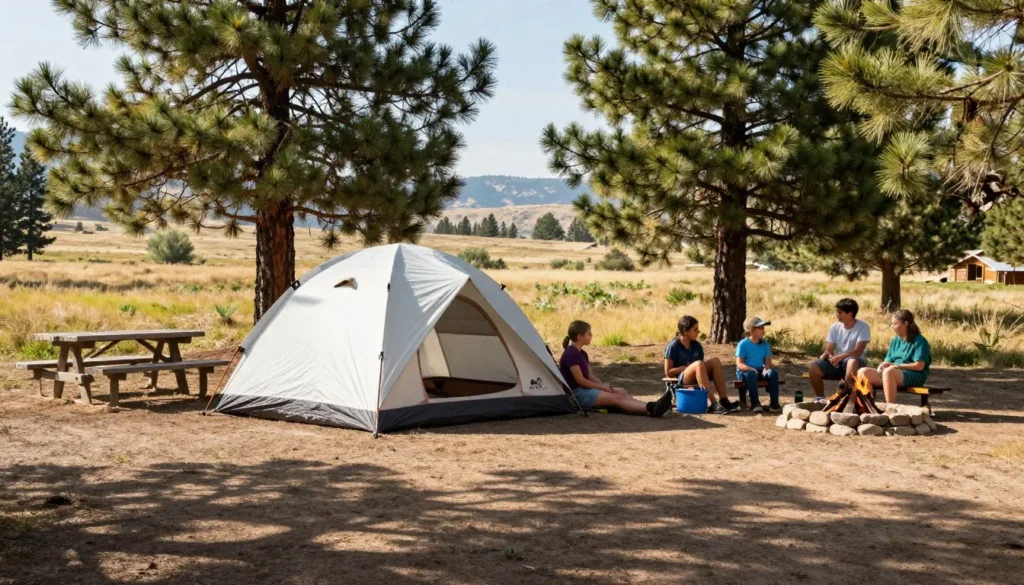 Campsite with tent setup among pine trees at Pine Valley campground Campsite with tent setup among pine trees at Pine Valley campground