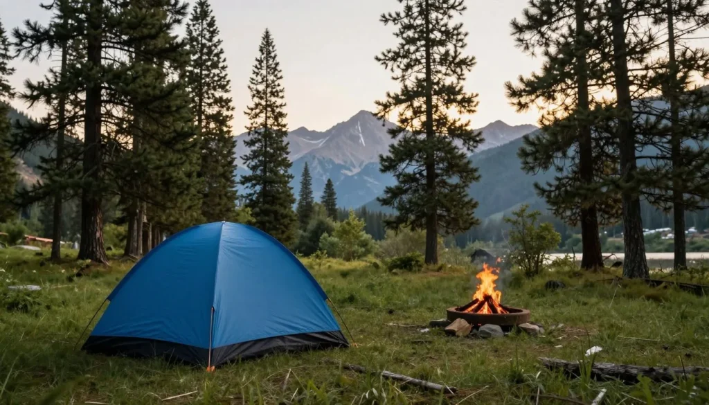 Campsite with tent under pine trees in Uncompahgre National Forest Campsite with tent under pine trees in Uncompahgre National Forest