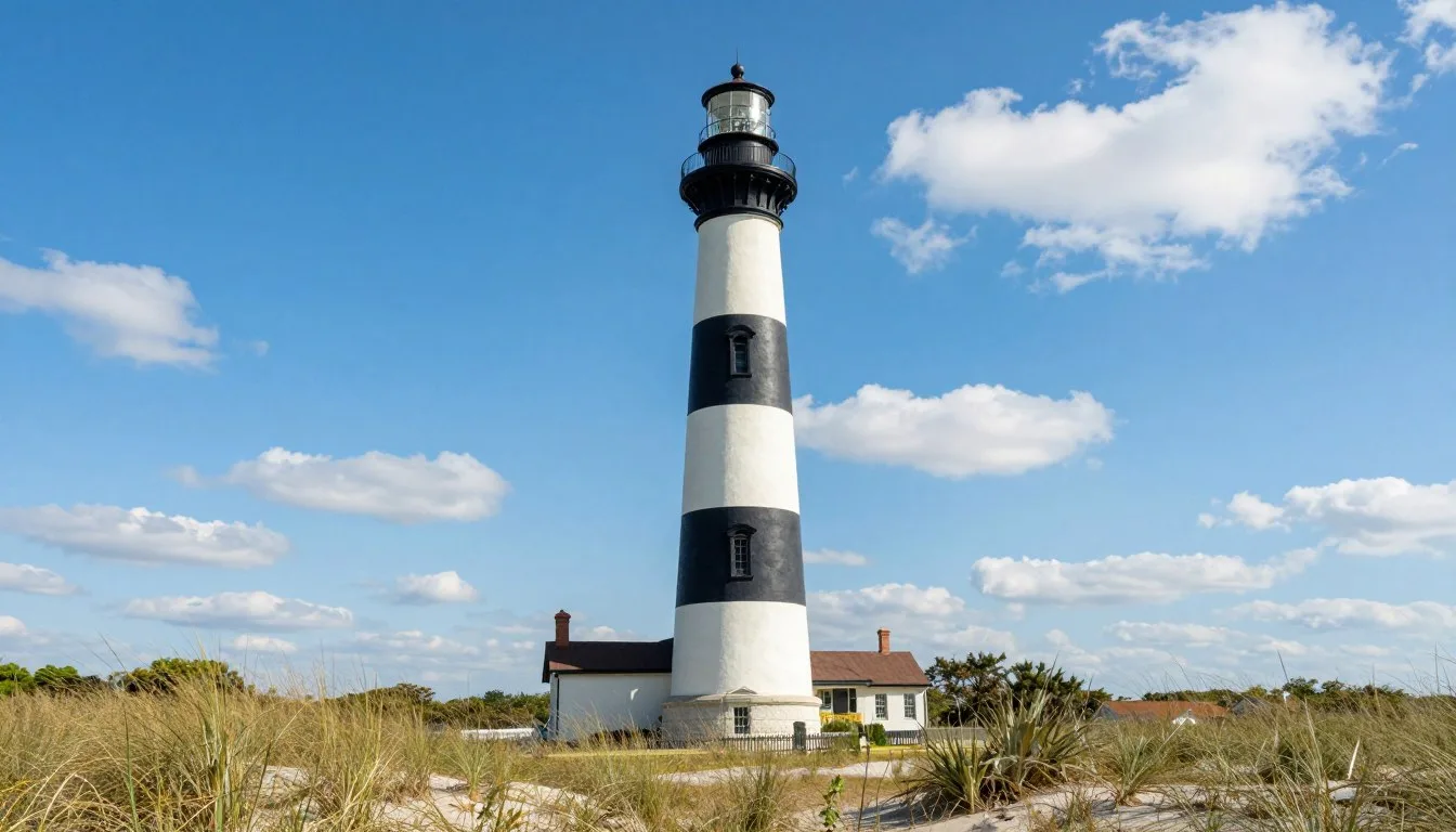 Cape-Lookout-Lighthouse-North-Carolina-with-distinctive-black-and-white-diamond-pattern-against Cape Lookout Lighthouse North Carolina with distinctive black and white diamond pattern against blue sky