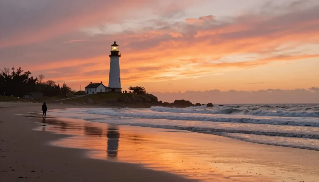 Cape Lookout Lighthouse at golden hour with dramatic sky and reflection Cape Lookout Lighthouse at golden hour with dramatic sky and reflection