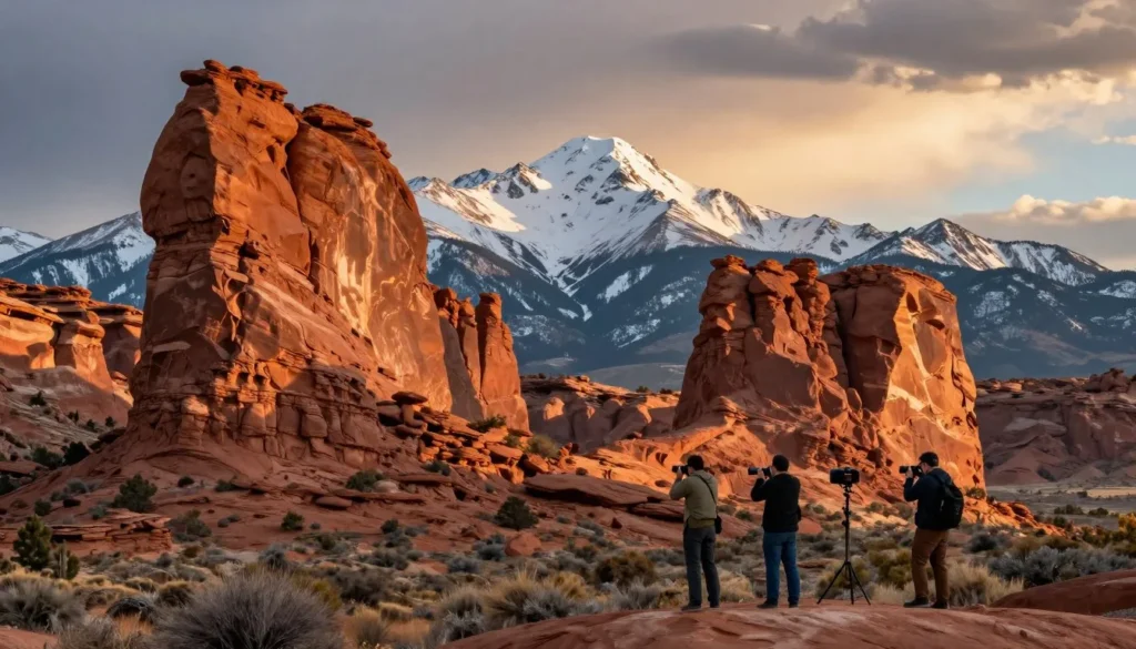 Castle Valley red rock formations with La Sal Mountains behind Castle Valley red rock formations with La Sal Mountains behind