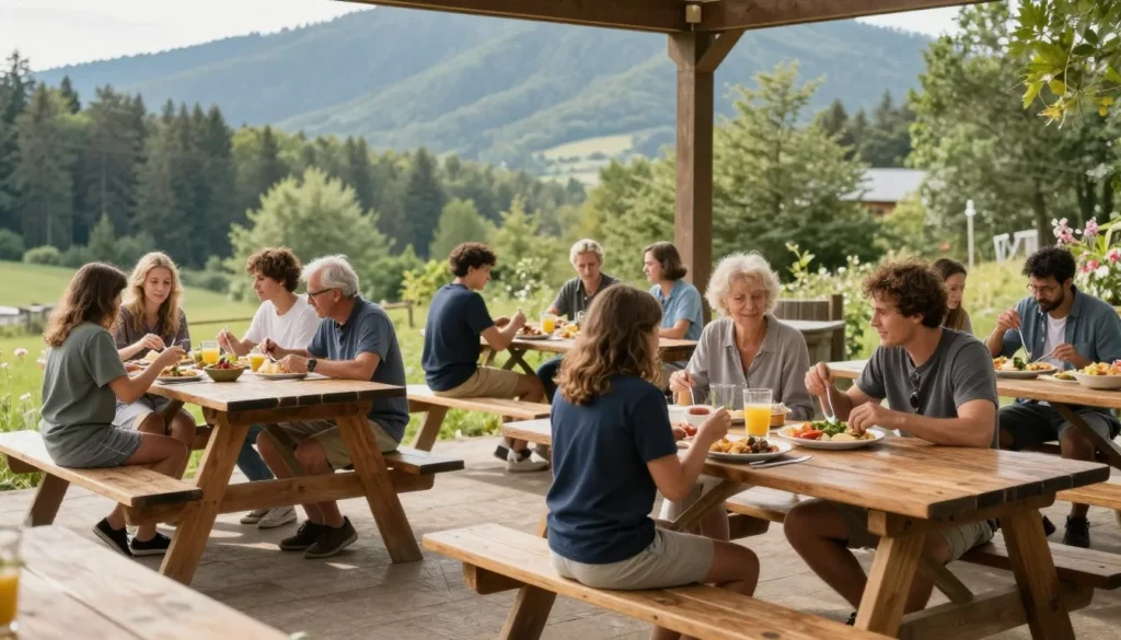 Casual outdoor dining scene with families enjoying meal at picnic tables