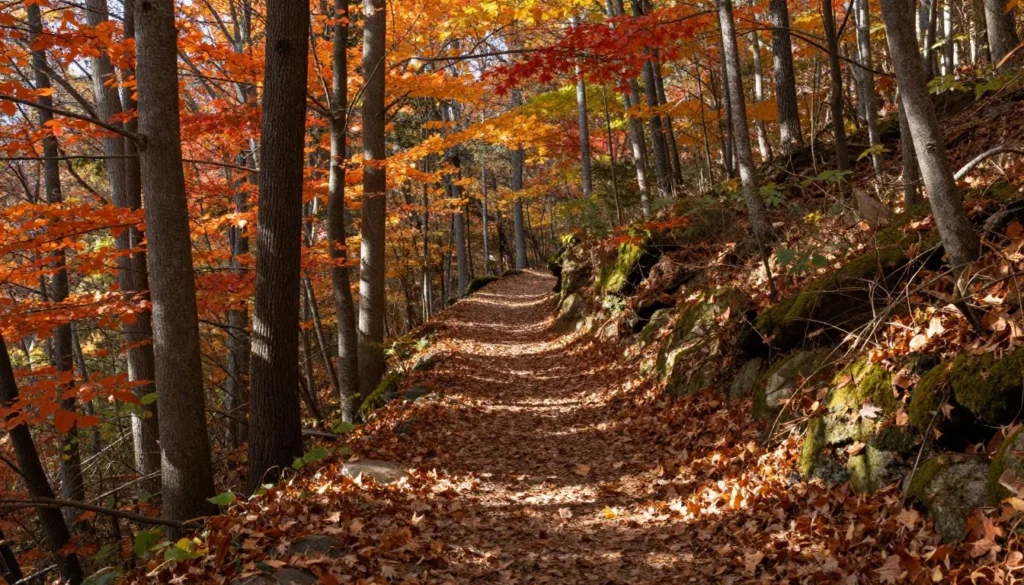 Catawba Falls trail in autumn with colorful fall foliage and forest path Catawba Falls trail in autumn with colorful fall foliage and forest path