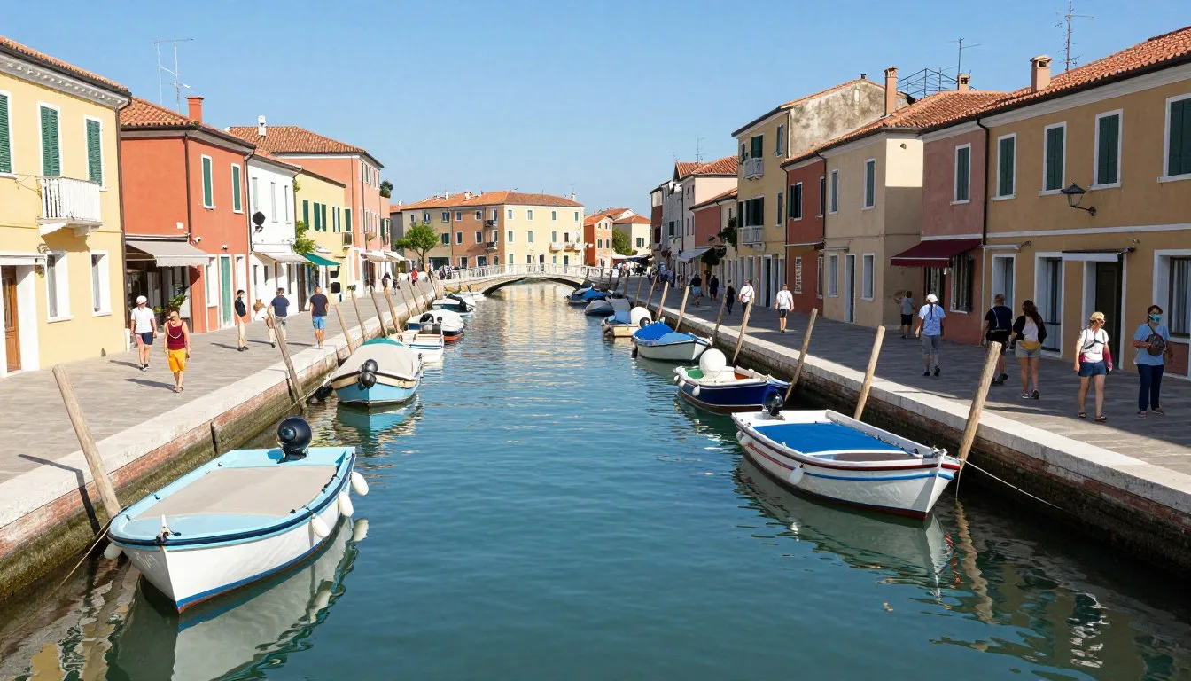 Cervia Italy travel guide showing the historic canal port with colorful boats and traditional buildings along the waterfront