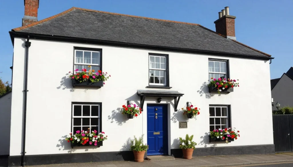 Charming Irish bed and breakfast exterior with colorful flowers in window boxes and traditional painted door in Waterford