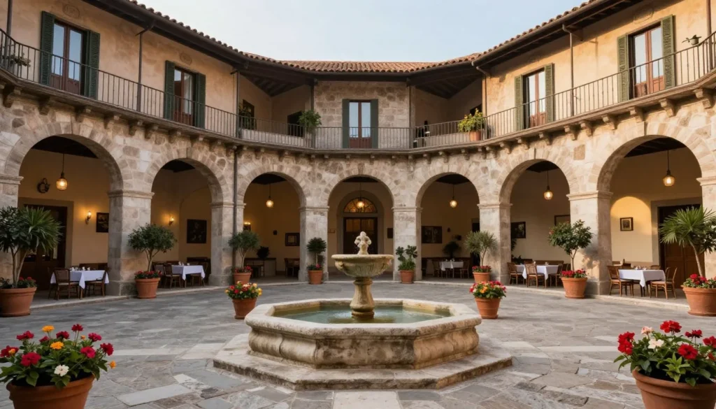 Charming Italian hotel courtyard with fountain and traditional architecture in Pompeii area Charming Italian hotel courtyard with fountain and traditional architecture in Pompeii area