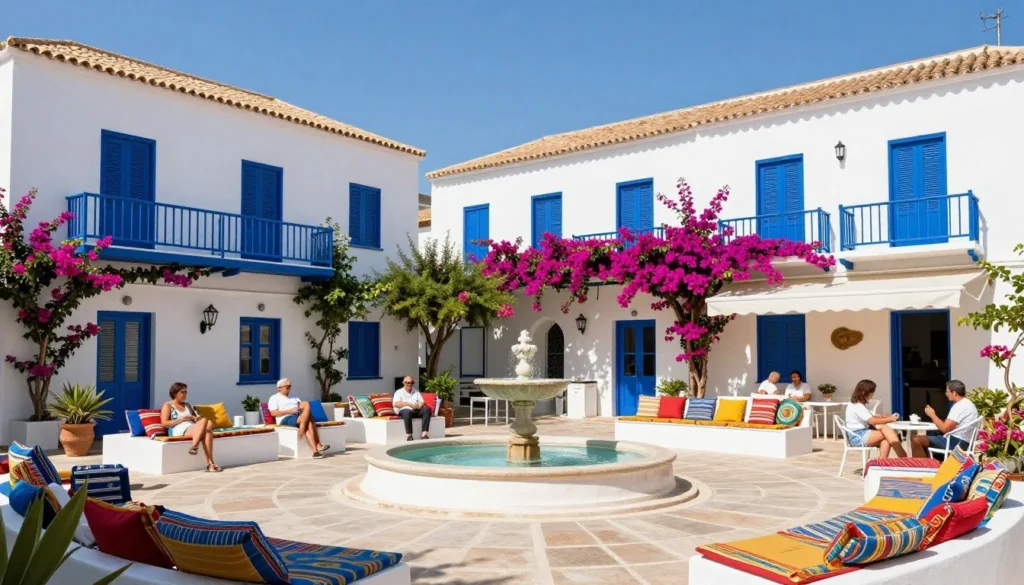 Charming Mediterranean hotel courtyard with white buildings, blue shutters, and flowering plants