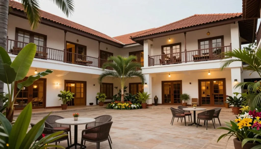 Charming boutique hotel courtyard in Porto-Novo with tropical plants
