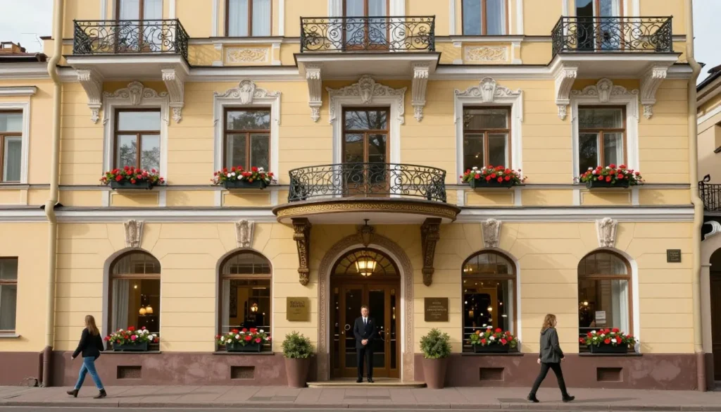 Charming boutique hotel facade in Saint Petersburg showing restored classical architecture with elegant entrance and window details Charming boutique hotel facade in Saint Petersburg showing restored classical architecture with elegant entrance and window details