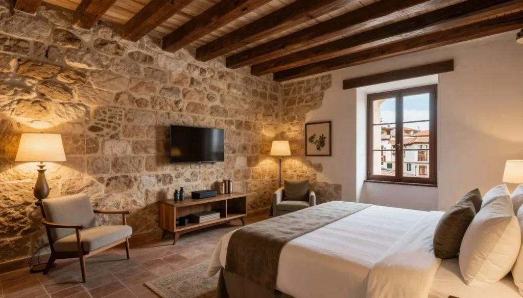 Charming boutique hotel room in Cuenca with exposed stone walls and traditional Spanish decor