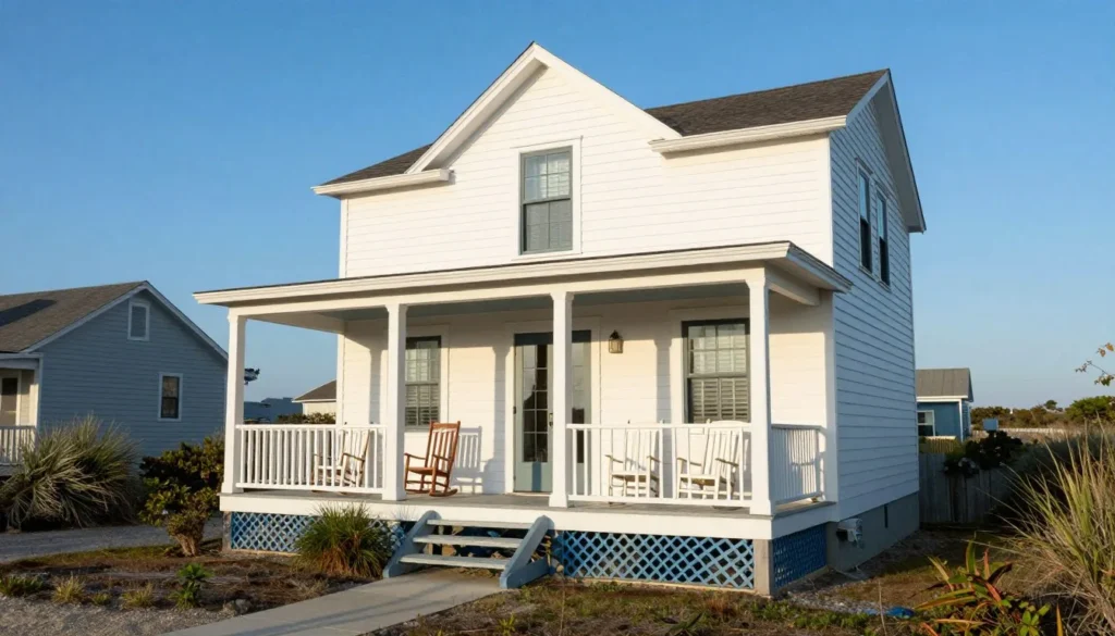 Charming coastal cottage with front porch in Outer Banks maritime setting Charming coastal cottage with front porch in Outer Banks maritime setting