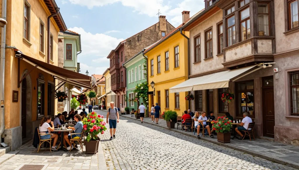 Charming cobblestone street in Bucharest old town with colorful historic buildings and outdoor dining Charming cobblestone street in Bucharest old town with colorful historic buildings and outdoor dining