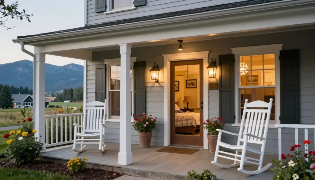 Charming mountain bed and breakfast with rocking chairs on wraparound porch overlooking Blue Ridge Mountains Charming mountain bed and breakfast with rocking chairs on wraparound porch overlooking Blue Ridge Mountains