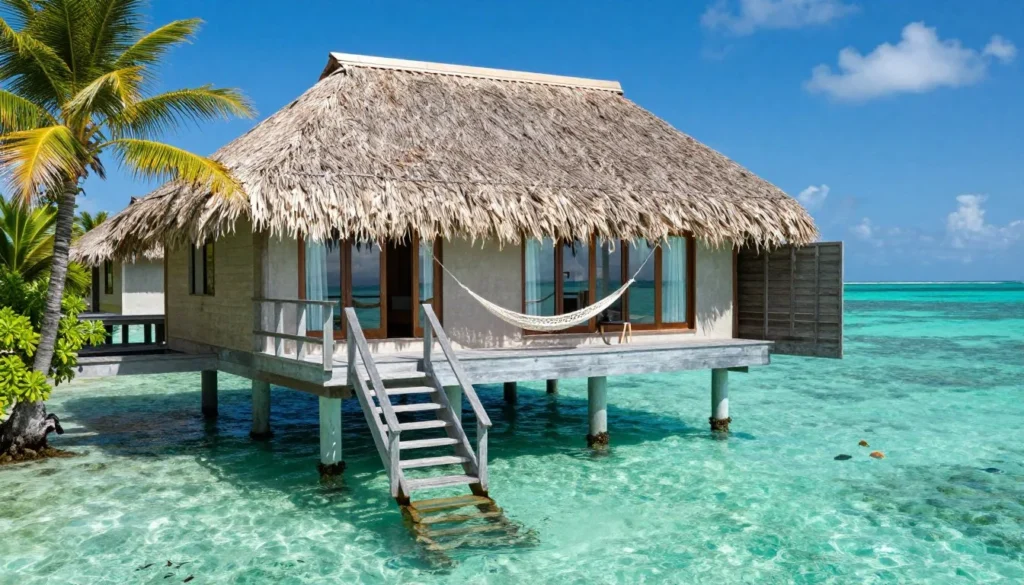 Charming overwater bungalow with thatched roof and private dock in turquoise Caribbean waters