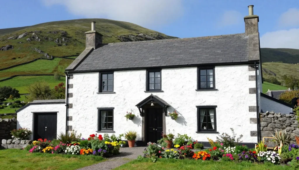 Charming traditional Irish cottage with stone walls and colorful flower garden in Wicklow Mountains countryside