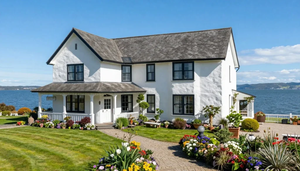 Charming waterfront inn with coastal architecture and gardens Charming waterfront inn with coastal architecture and gardens