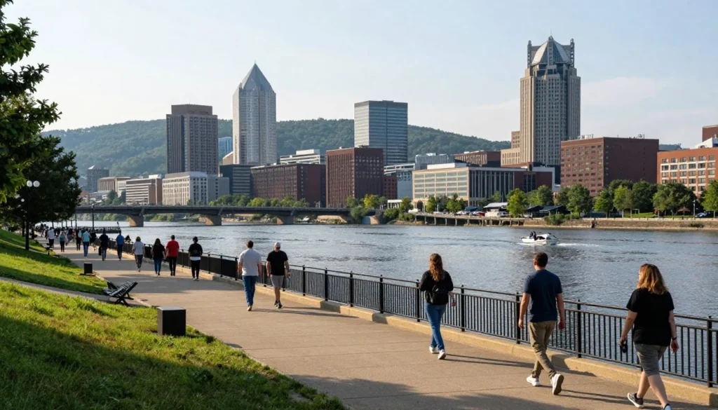 Chattanooga riverfront with pedestrian bridge and mountain backdrop Chattanooga riverfront with pedestrian bridge and mountain backdrop
