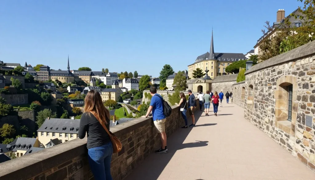 Chemin de la Corniche panoramic walkway with tourists viewing Luxembourg City valley landscape
