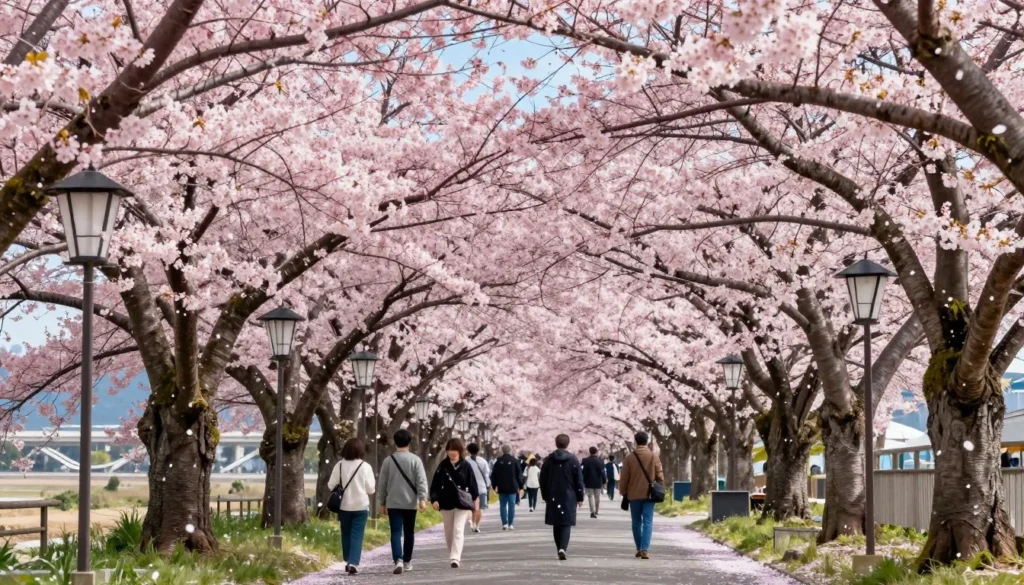 Cherry blossom trees in full bloom along a pathway in Kanagawa
