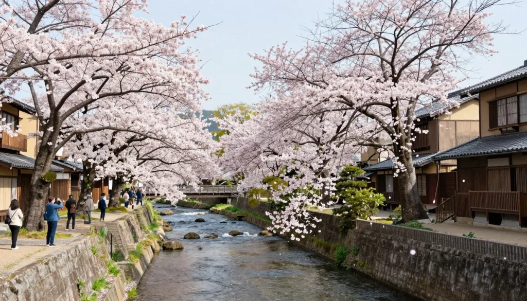 Cherry blossoms blooming along a river in Gifu with traditional buildings