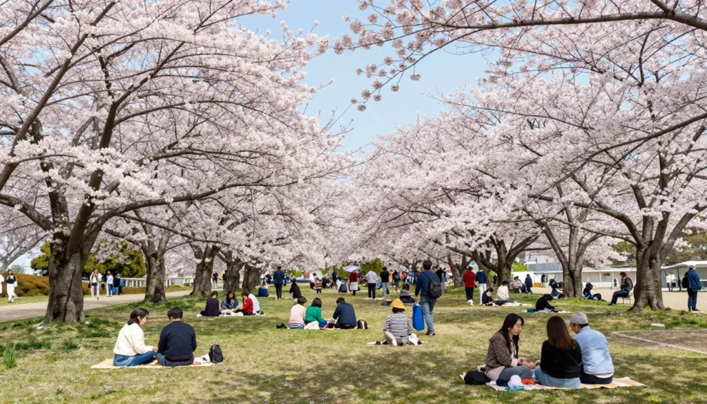 Cherry blossoms blooming in Oita park with visitors enjoying hanami picnic Cherry blossoms blooming in Oita park with visitors enjoying hanami picnic