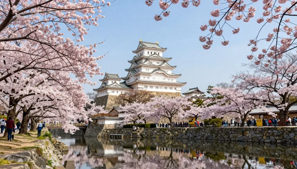 Cherry blossoms framing Hirosaki Castle with pink petals and traditional Japanese architecture during spring season