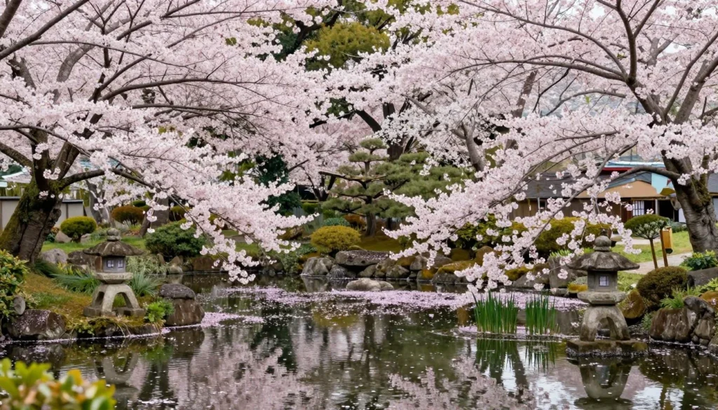 Cherry blossoms in full bloom with traditional Japanese garden and pond reflecting pink flowers Cherry blossoms in full bloom with traditional Japanese garden and pond reflecting pink flowers