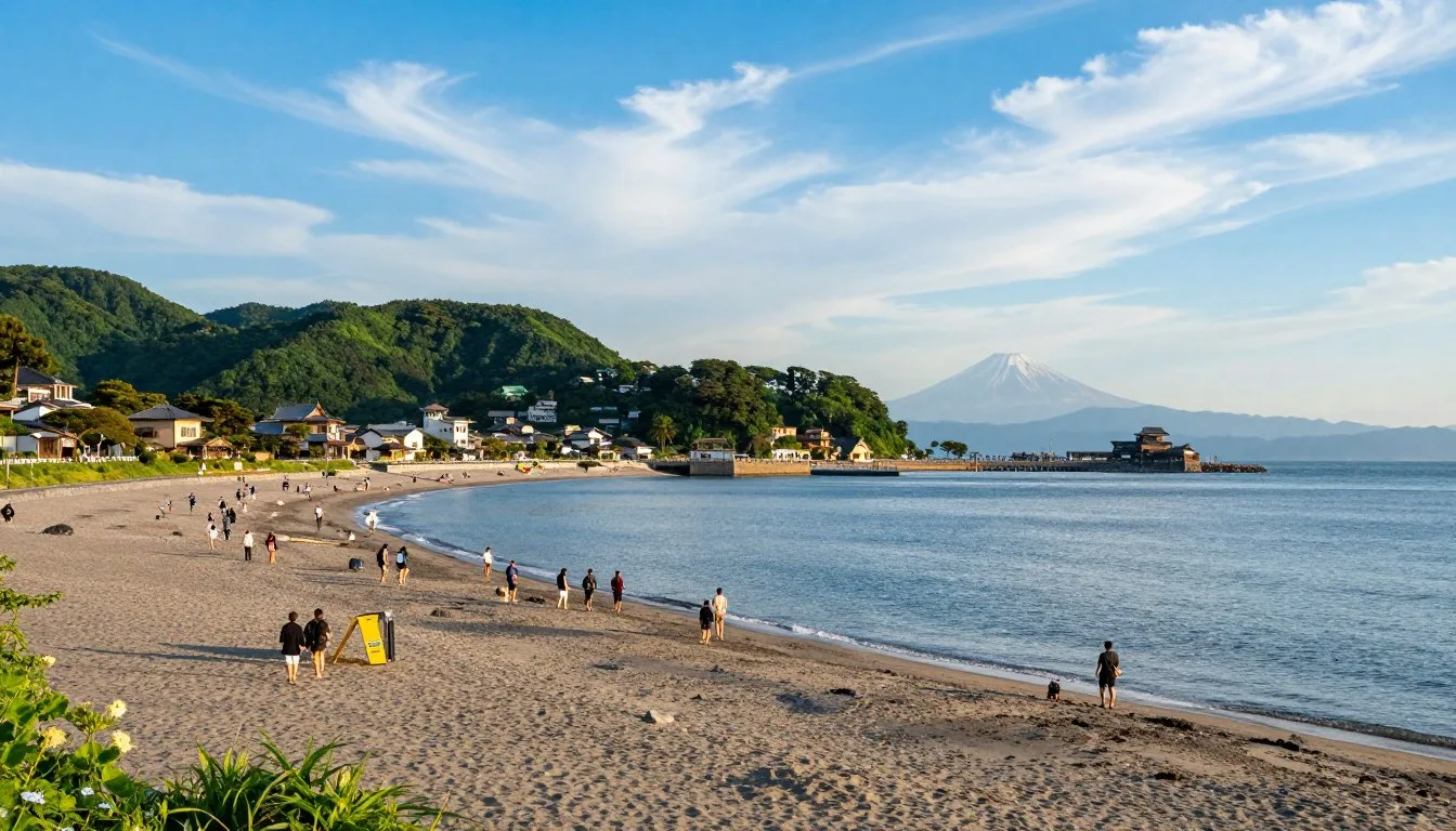 Chiba Prefecture coastal landscape with Mount Fuji visible across Tokyo Bay