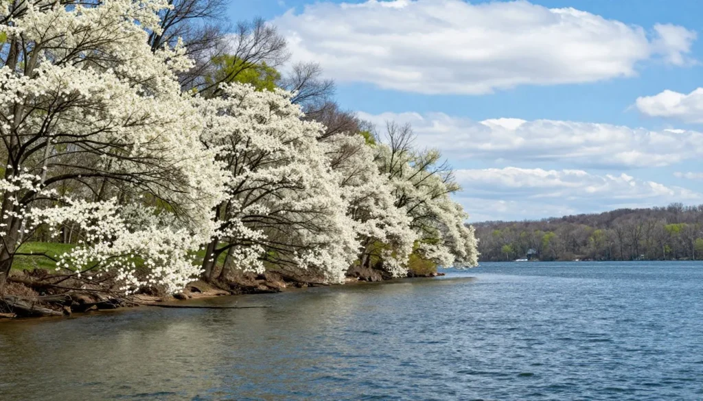 Chickamauga Lake in spring with blooming trees along shoreline and calm water Chickamauga Lake in spring with blooming trees along shoreline and calm water