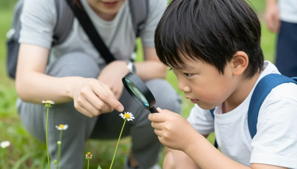 Child using magnifying glass to examine nature